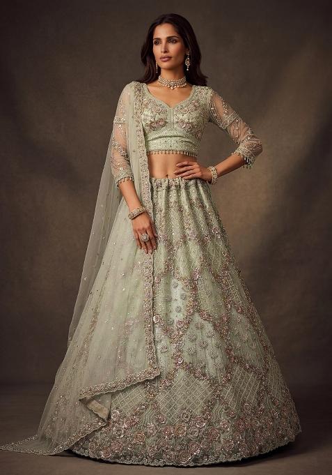 Sky Blue Sequin Work Net Lehenga Set