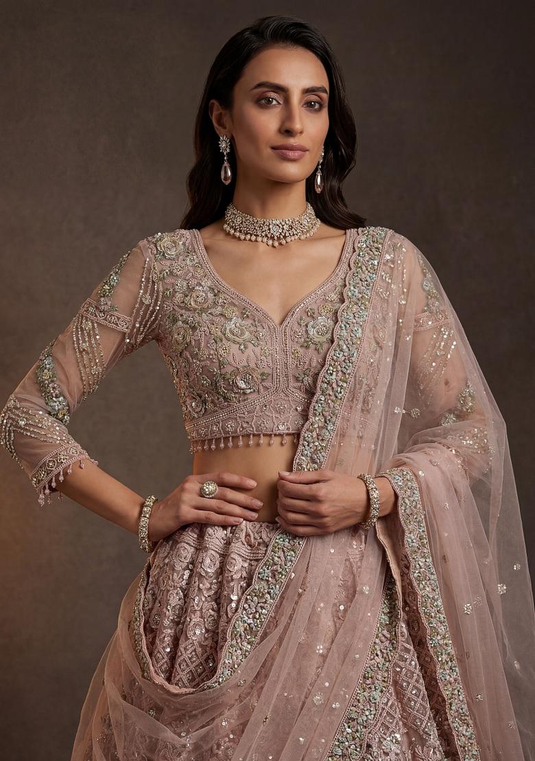 Peach And Pink Sequin Work Net Lehenga Set - Indya