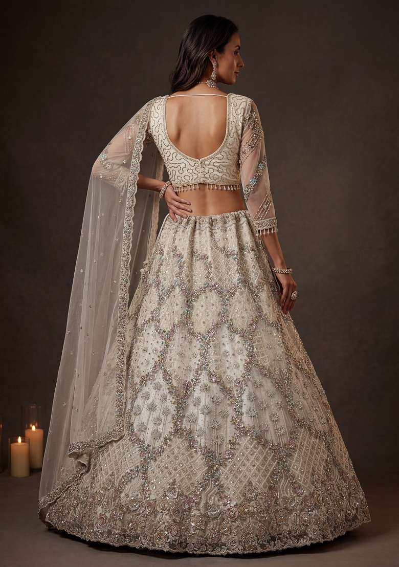 White Sequin Work Net Lehenga Set - Indya