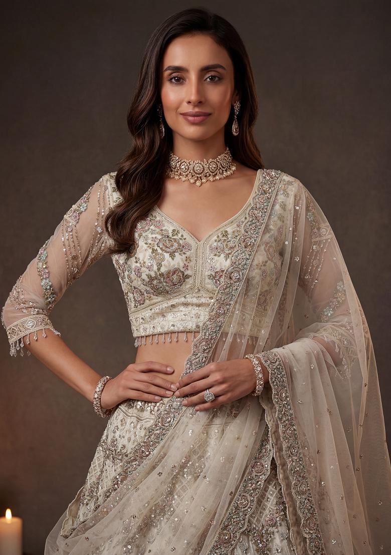 White Sequin Work Net Lehenga Set - Indya
