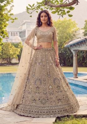 Golden Sequin Work Net Lehenga Set