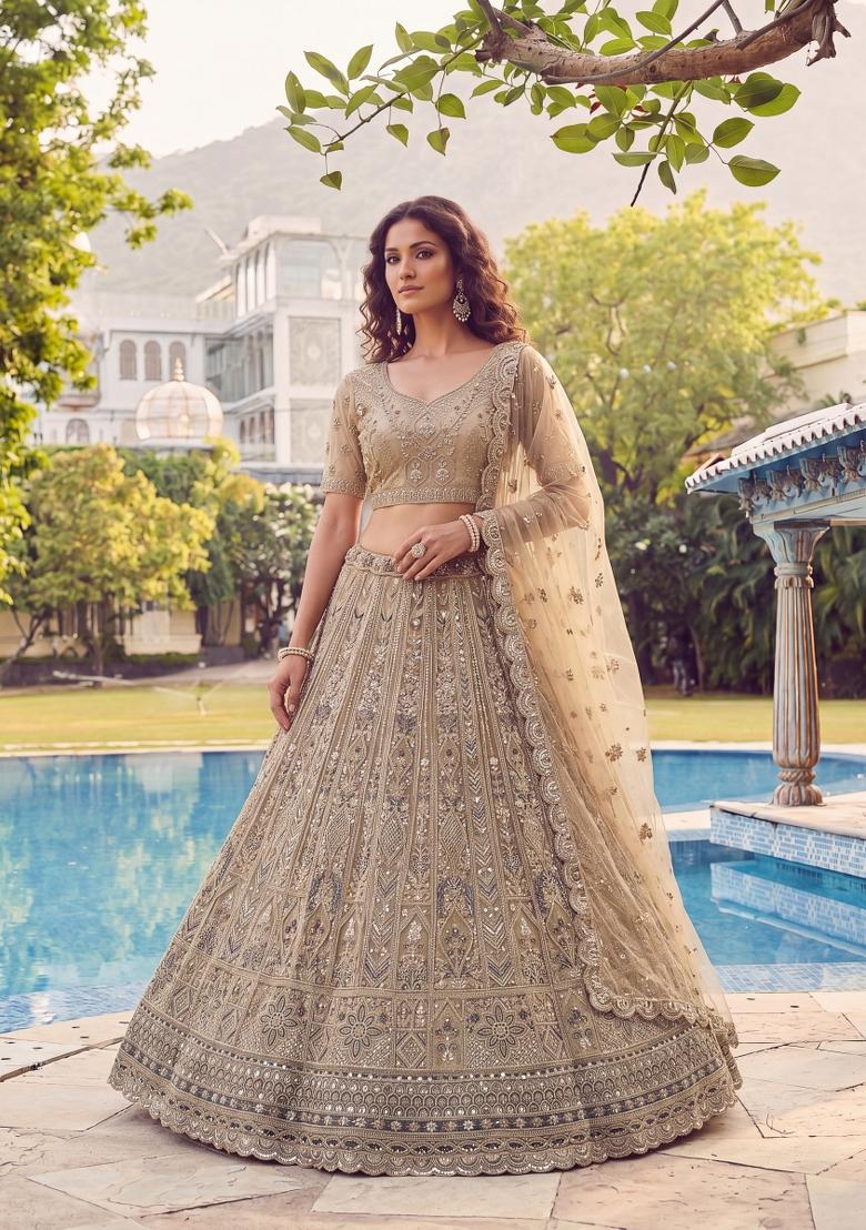Golden Sequin Work Net Lehenga Set - Indya
