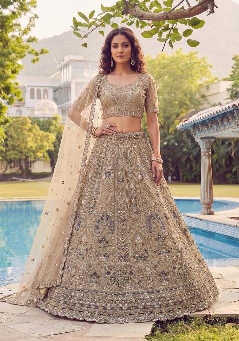 Golden Sequin Work Net Lehenga Set