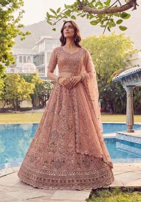 Peach Sequin Work Net Lehenga Set