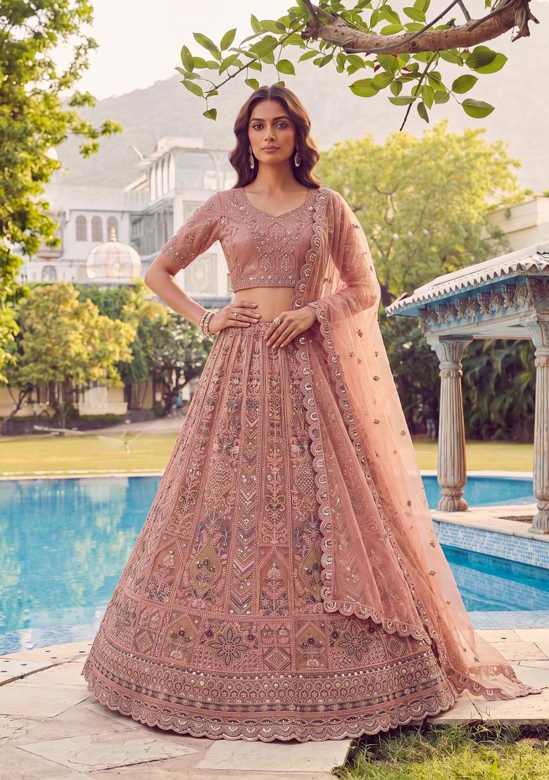 Peach Sequin Work Net Lehenga Set - Indya