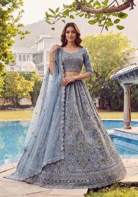 Sky Blue Sequin Work Net Lehenga Set