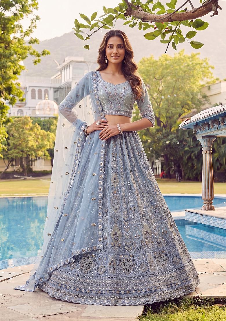 Sky Blue Sequin Work Net Lehenga Set - Indya