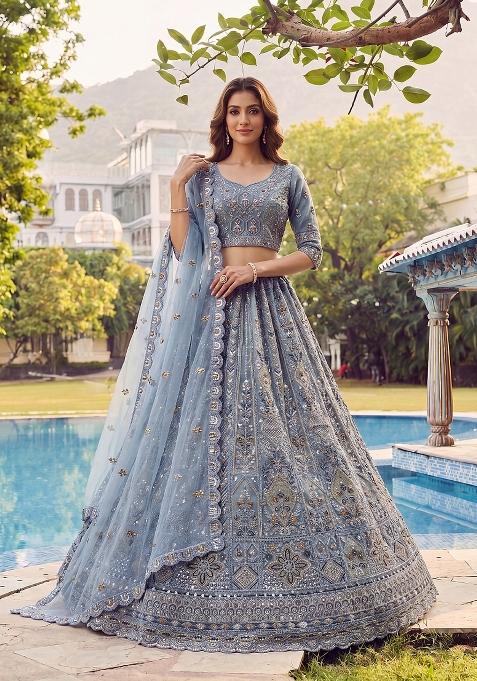 Sky Blue Sequin Work Net Lehenga Set