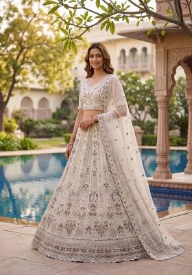 White Sequin Work Net Lehenga Set