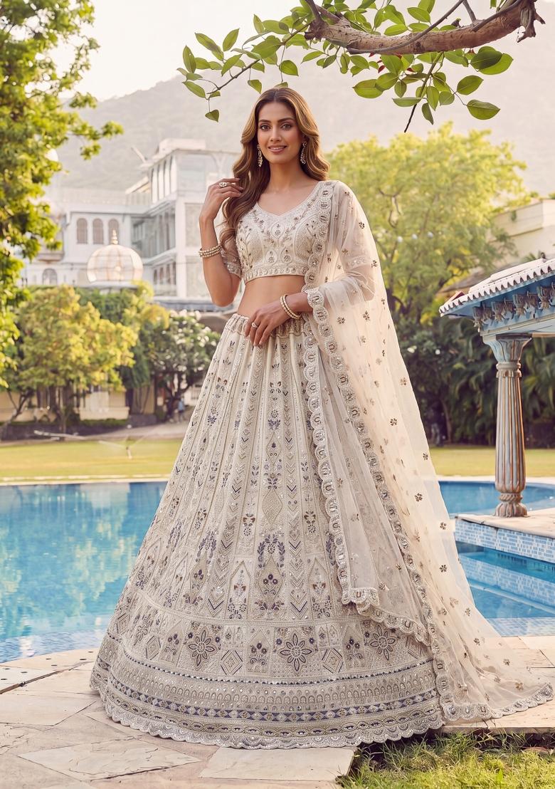 White Sequin Work Net Lehenga Set - Indya