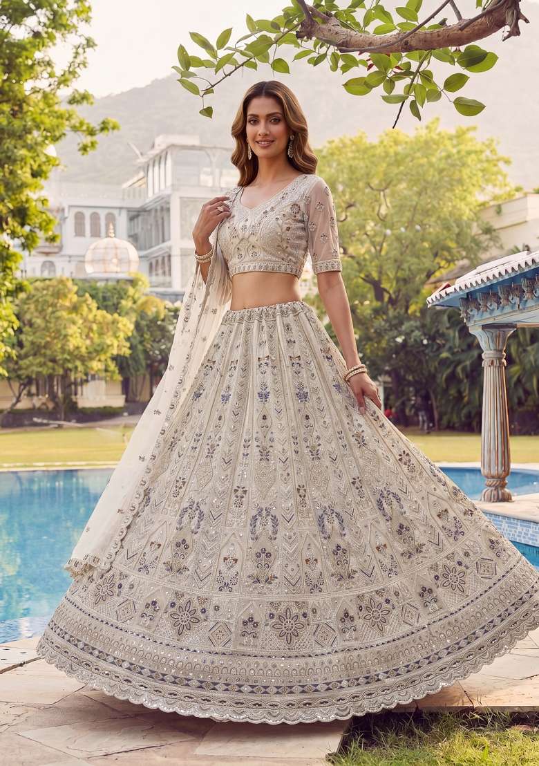 White Sequin Work Net Lehenga Set - Indya