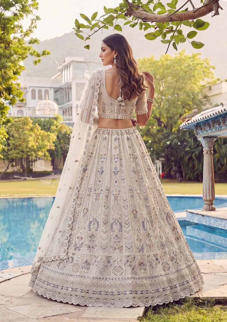 White Sequin Work Net Lehenga Set - Indya