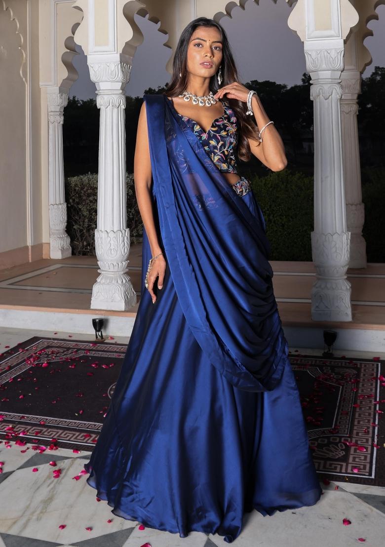 Blue Embroidered Silk Blend Lehenga Set - Indya