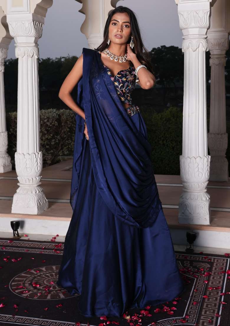 Blue Embroidered Silk Blend Lehenga Set for Diwali and Festive Wear - Indya