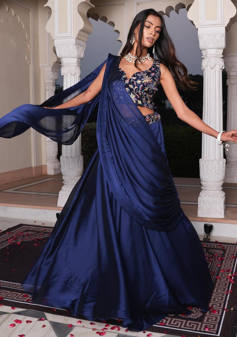Blue Embroidered Silk Blend Lehenga Set - Indya