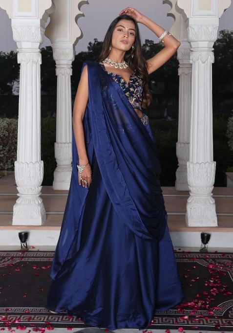 Blue Embroidered Silk Blend Lehenga Set
