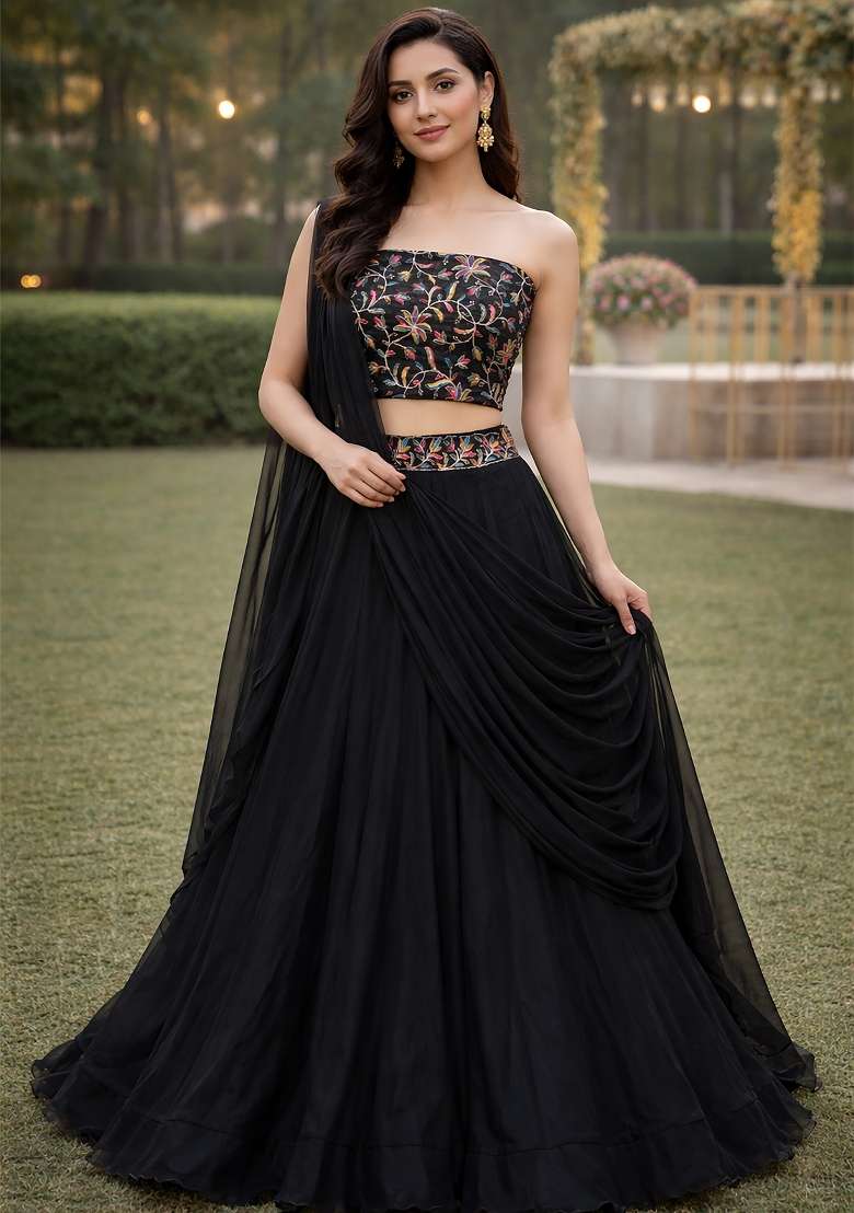 Black Silk Blend Lehenga Set with Embroidered for Diwali | Wedding & Festive Wear - Indya