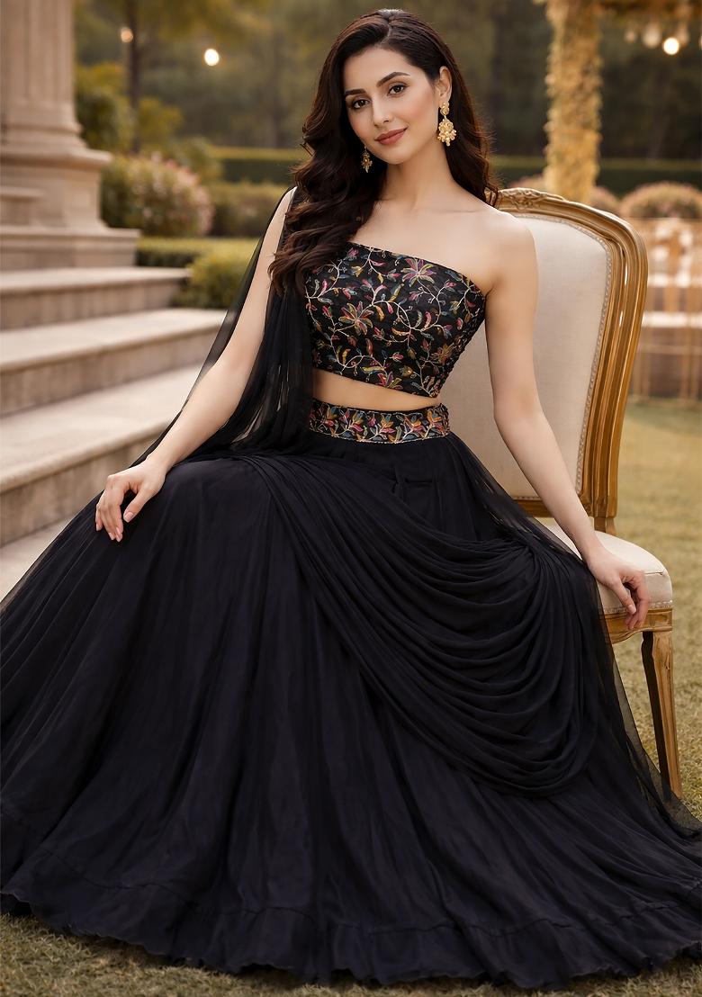 Black Embroidered Silk Blend Lehenga Set - Indya
