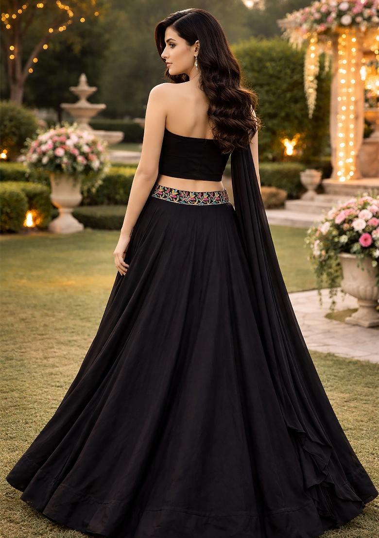 Black Embroidered Silk Blend Lehenga Set - Indya