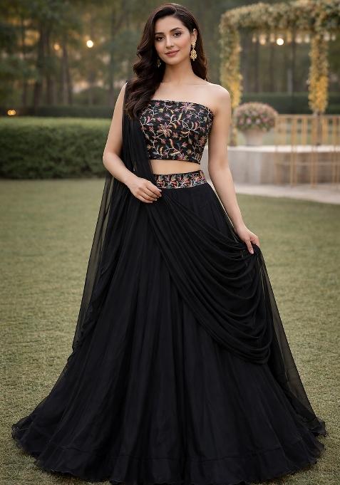 Black Embroidered Silk Blend Lehenga Set