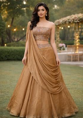 Beige Embroidered Silk Blend Lehenga Set