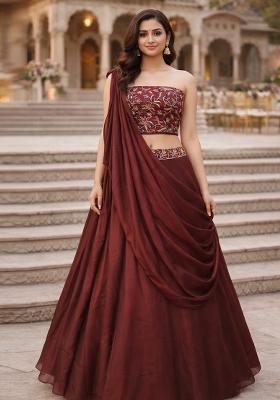 Dark Brown Embroidered Silk Blend Lehenga Set