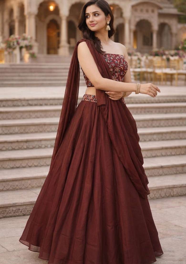 Dark Brown Embroidered Silk Blend Lehenga Set for Diwali and Festive Wear - Indya