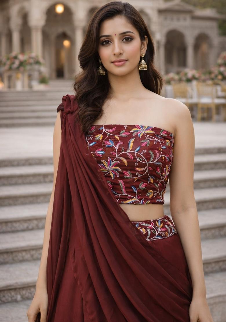 Dark Brown Embroidered Silk Blend Lehenga Set - Indya
