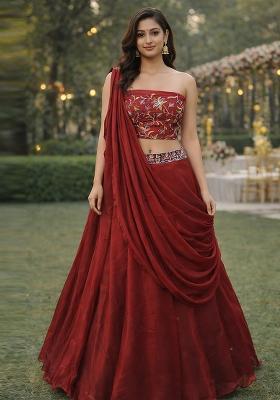 Maroon Embroidered Silk Blend Lehenga Set