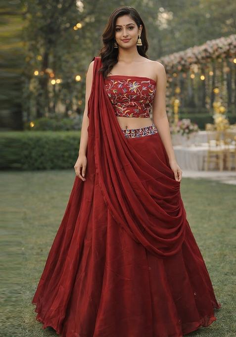 Maroon Embroidered Silk Blend Lehenga Set