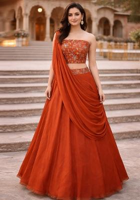 Orange Embroidered Silk Blend Lehenga Set