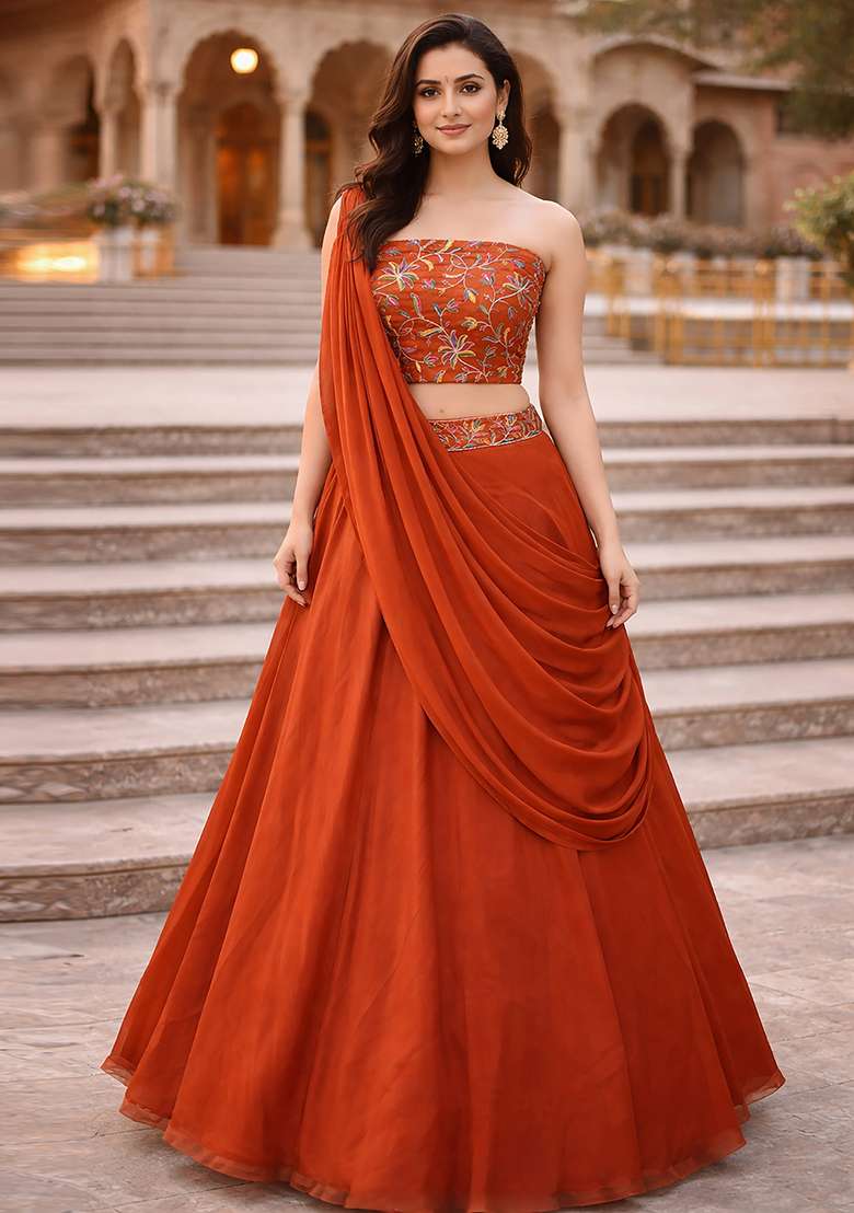 Orange Embroidered Silk Blend Lehenga Set for Diwali and Festive Wear - Indya