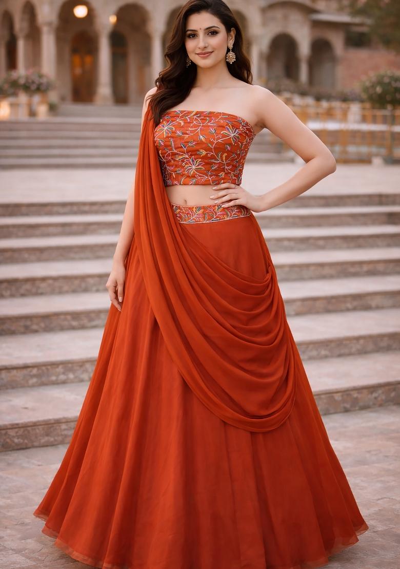 Orange Embroidered Silk Blend Lehenga Set - Indya