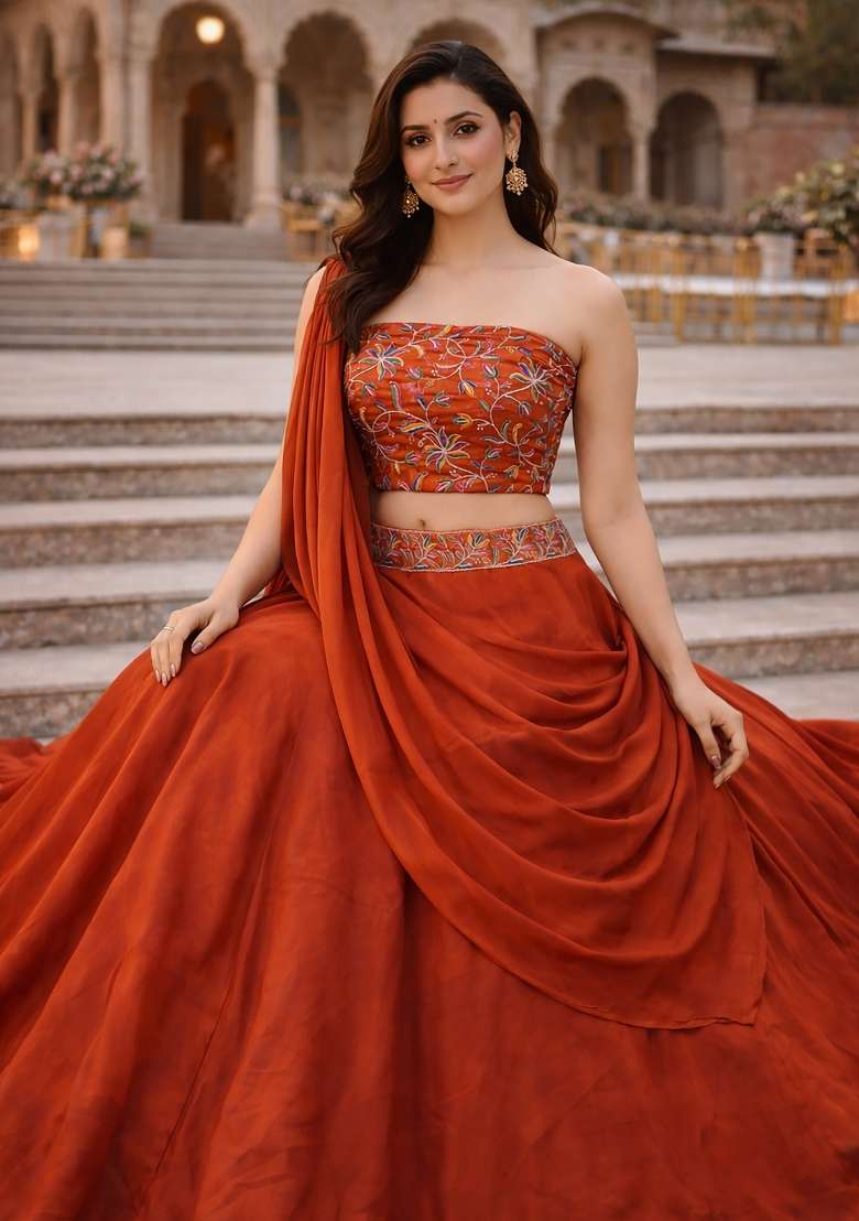 Orange Embroidered Silk Blend Lehenga Set for Diwali and Festive Wear - Indya