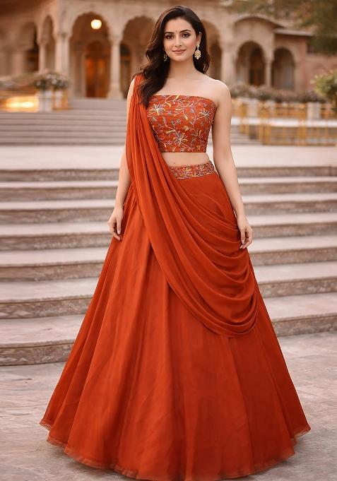 Orange Embroidered Silk Blend Lehenga Set