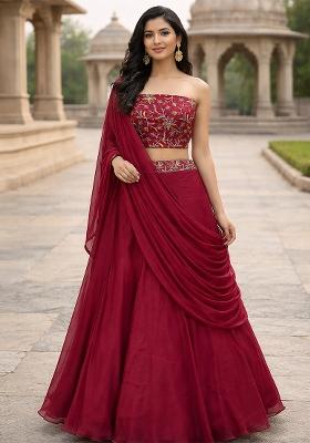 Pink Embroidered Silk Blend Lehenga Set