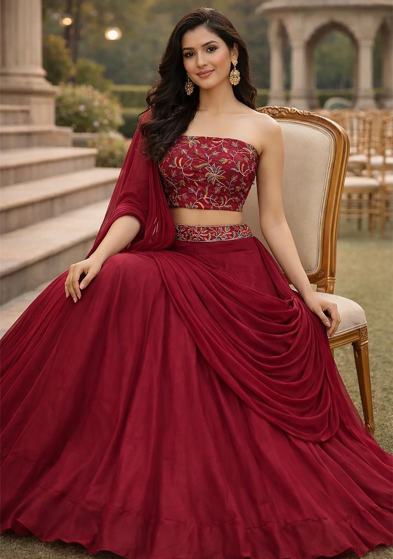 Pink Embroidered Silk Blend Lehenga Set - Indya