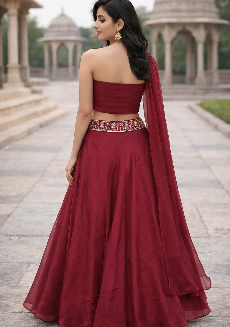 Pink Embroidered Silk Blend Lehenga Set - Indya