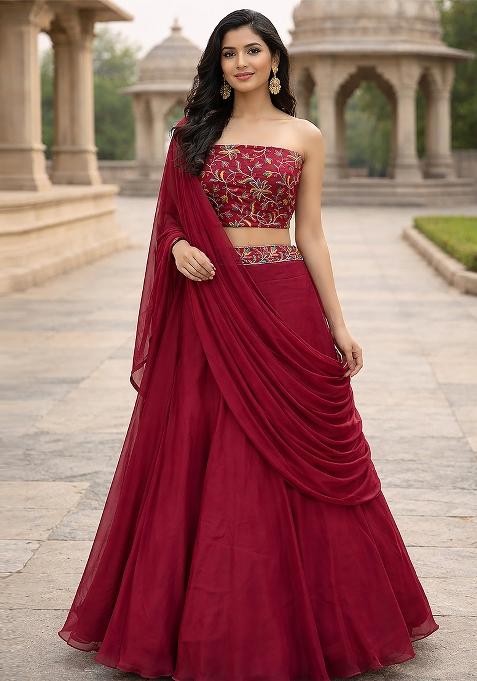 Pink Embroidered Silk Blend Lehenga Set