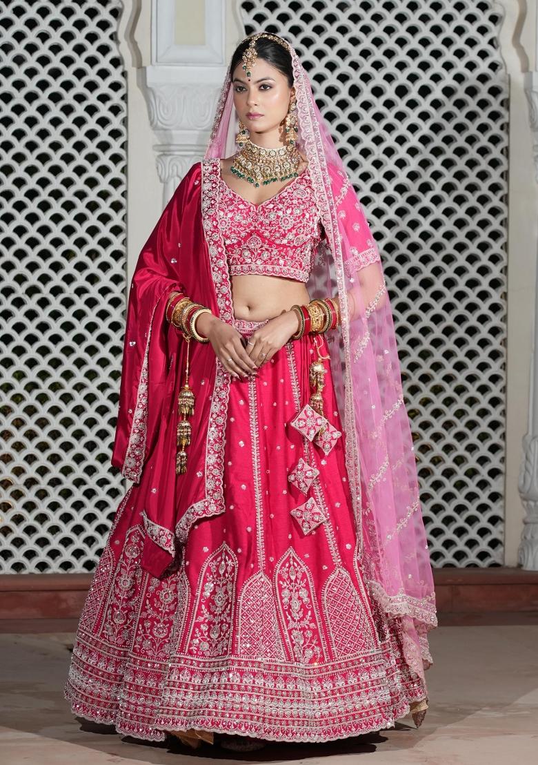 Pink Embroidered Silk Blend Lehenga Set - Indya