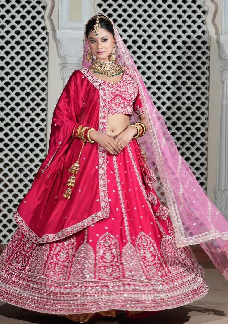 Pink Embroidered Silk Blend Lehenga Set - Indya