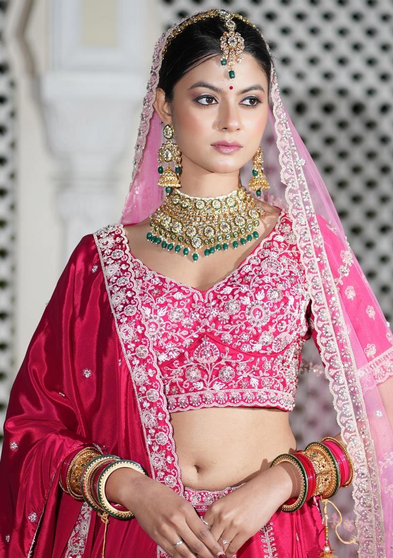 Pink Embroidered Silk Blend Lehenga Set - Indya