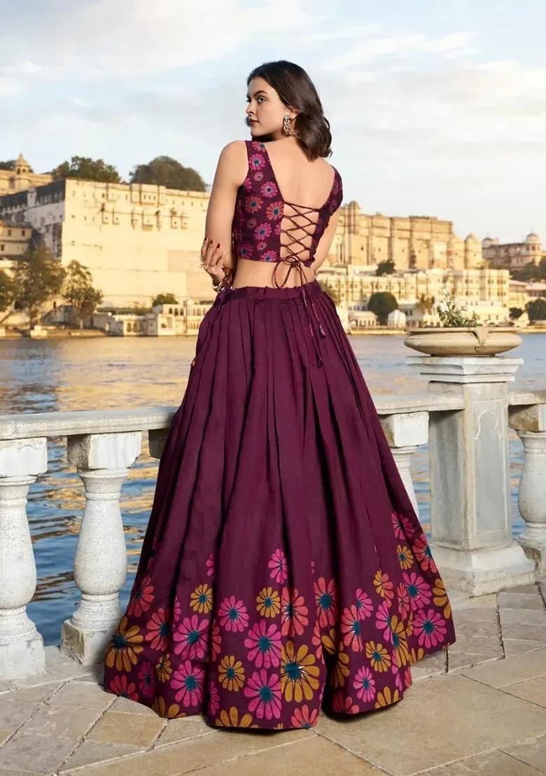 Brown Printed Chinon Lehenga Set - Indya