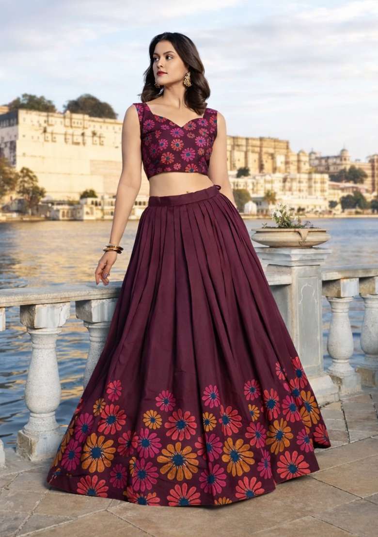 Brown Chinon Lehenga Set with Printed for Diwali | Wedding & Festive Wear - Indya