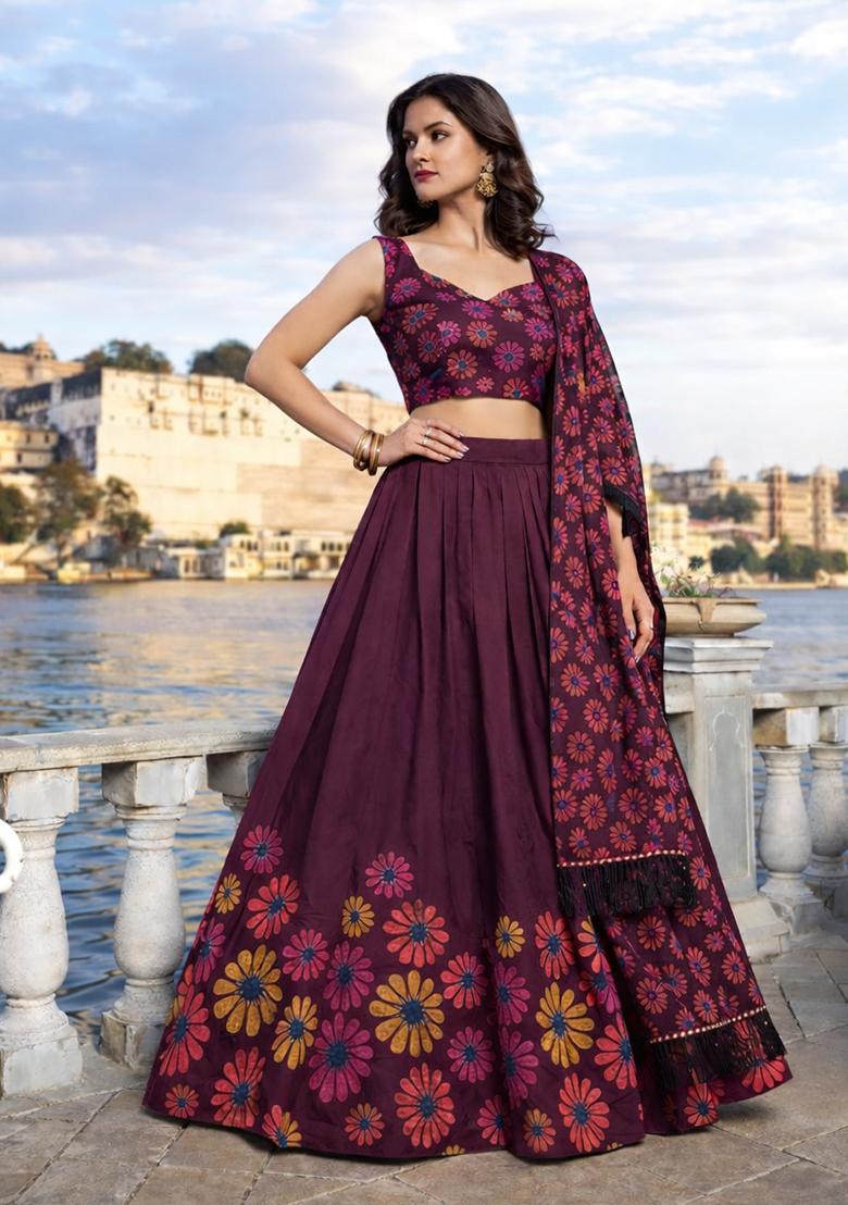 Brown Printed Chinon Lehenga Set - Indya