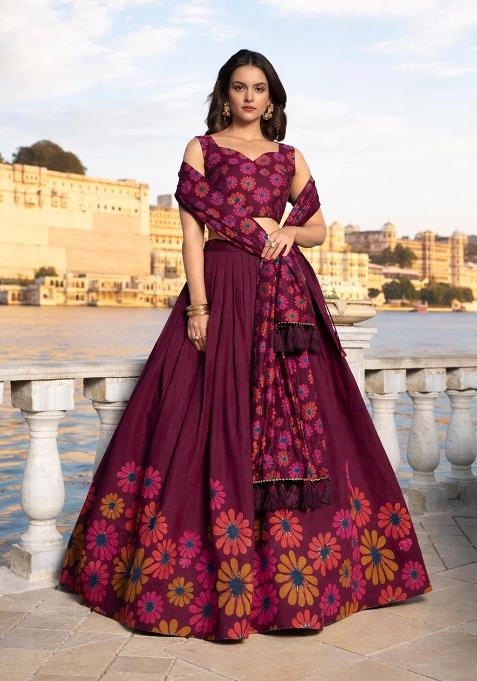 Brown Printed Chinon Lehenga Set