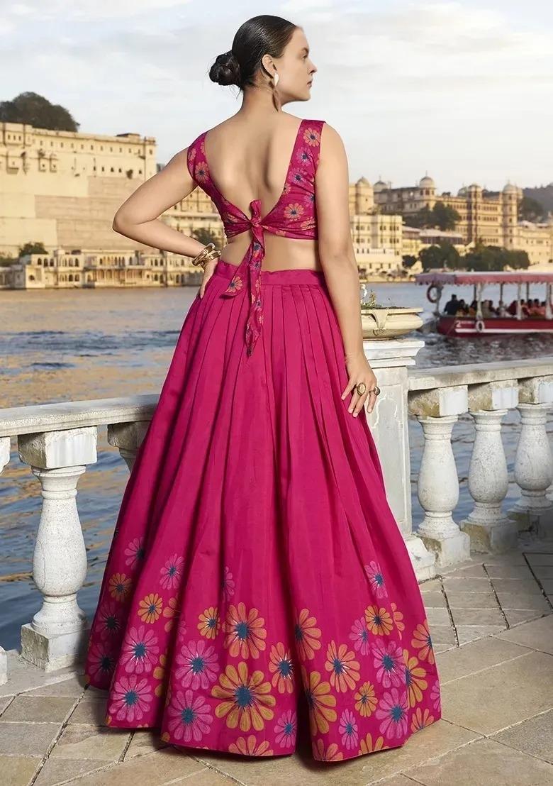 Pink Printed Chinon Lehenga Set - Indya