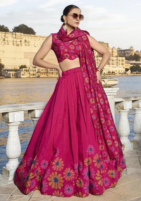 Pink Printed Chinon Lehenga Set