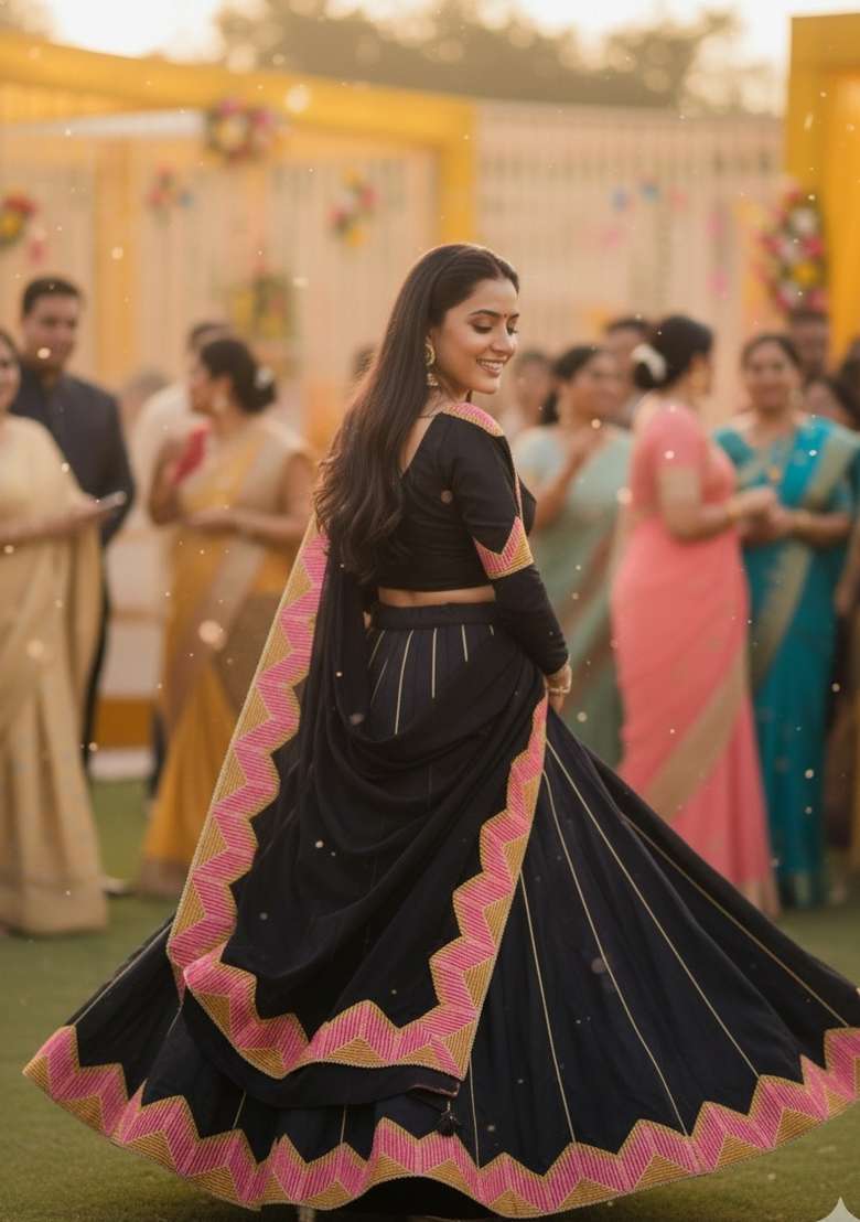 Black Silk Blend Lehenga Set with Embroidered for Diwali | Wedding & Festive Wear - Indya
