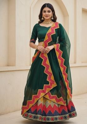 Green Embroidered Silk Blend Lehenga Set